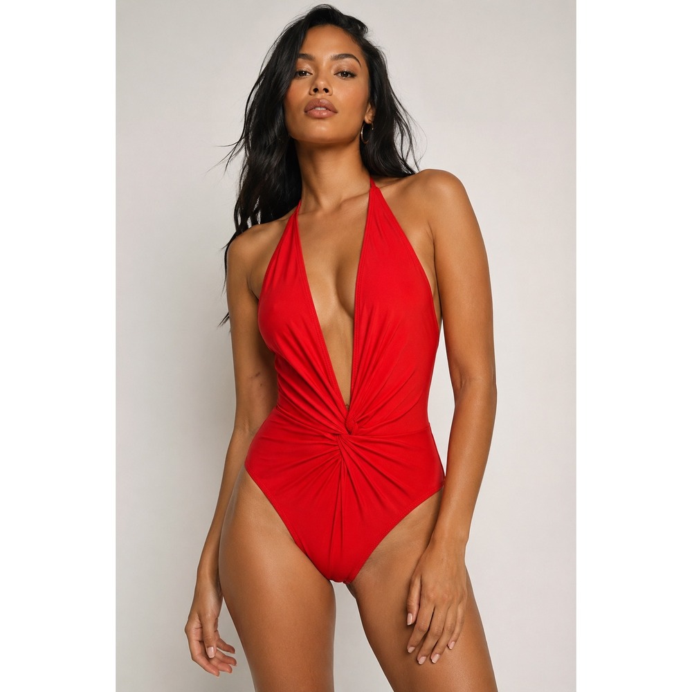 Karla Colletto One‎ Piece Swimsuit 8 Red Twist Front Halter Plunge Neck Luxury